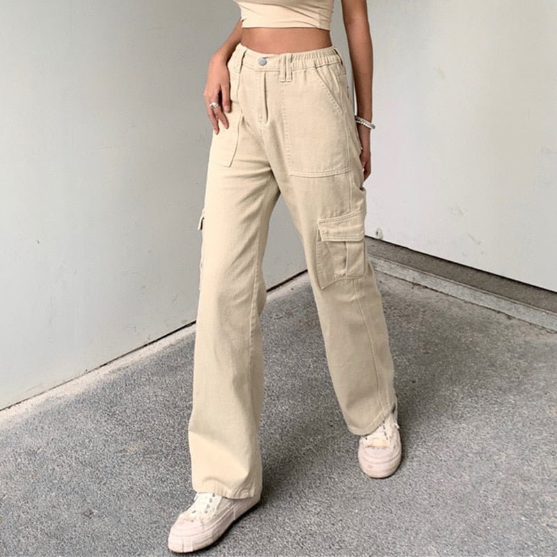 High Waist Straight Cargo Pants For Women Pocket Casual Loose Vintage Button Female Trousers 2022 New Autumn Ladies Jeans