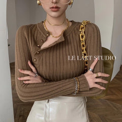 Autumn Elegant Women's Diagonal-Breasted Pullover Sweater Slim Long-Sleeved Knitted Top Ladies Bottoming Shirt