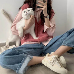 One-piece/set vest women's  spring and autumn style Korean college style knit top v-neck sweater two-piece suit intellectual