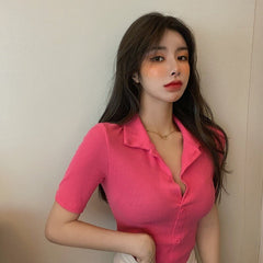 cotton knitted crop tops for Sexy women 2022 Summer female solid short-sleeve elasticity polo shirt