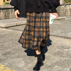 Vintage Plaid Pleated Long Skirts Winter Women Punk Rock Korean Woolen Skirt Streetwear Drawstring Elastic Waist Midi Skirt