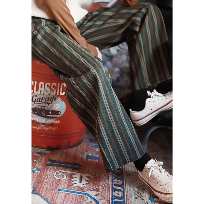HOUZHOU Vintage Retro Green Striped Print Wide Leg Pants Women Korean Style Oversize High Elastic Brown Trousers for Female 2022