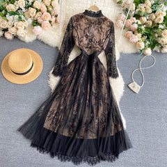 Lizakosht New Spring Autumn Elegant Women Lace Hollow Out Patchwork Long Dress Vintage Ladies Stand Collar Button Fairy Dress