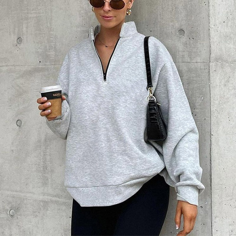Spring Autumn Casual Solid Color Sweatshirts Women All-Match Simple Tops Pullovers Fashion Zipper Long Sleeve Loose Sweatshirt