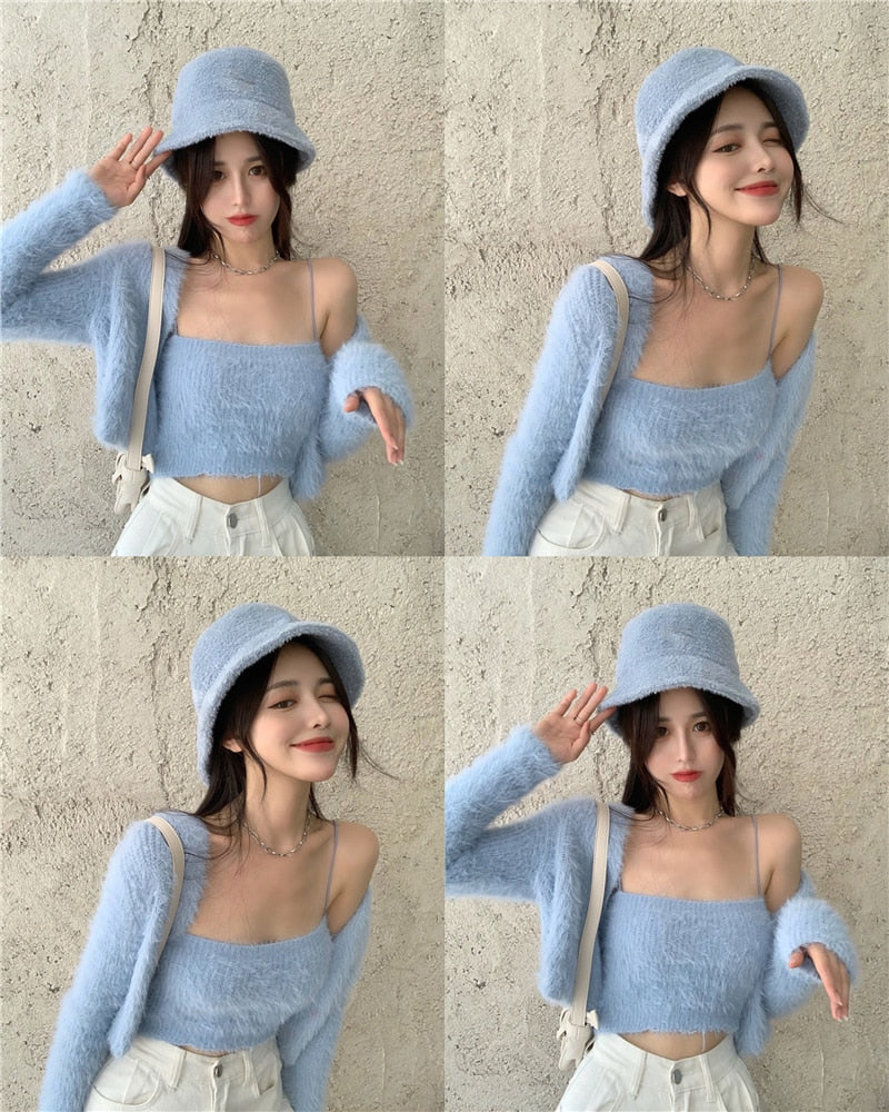 Spring 2 Piece Set Ribbed Knitted Women Cardigan + Camisole Outfits Slim Short Tops Long Sleeve Casual Camis and Cardigans Suit