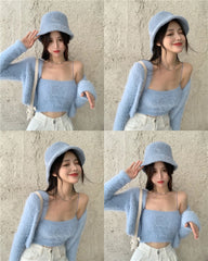 Spring 2 Piece Set Ribbed Knitted Women Cardigan + Camisole Outfits Slim Short Tops Long Sleeve Casual Camis and Cardigans Suit