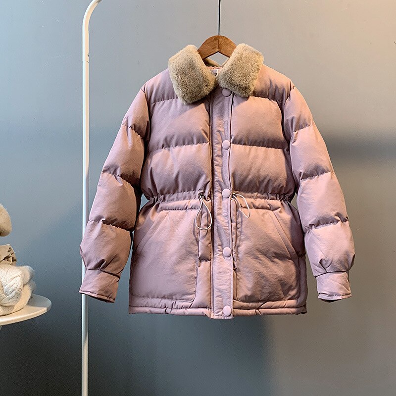 Warm Winter Down Jacket Women Fashion Cotton Padded Faux Fur Collar Parka Harajuku Overcoat Women Solid Female Outwear