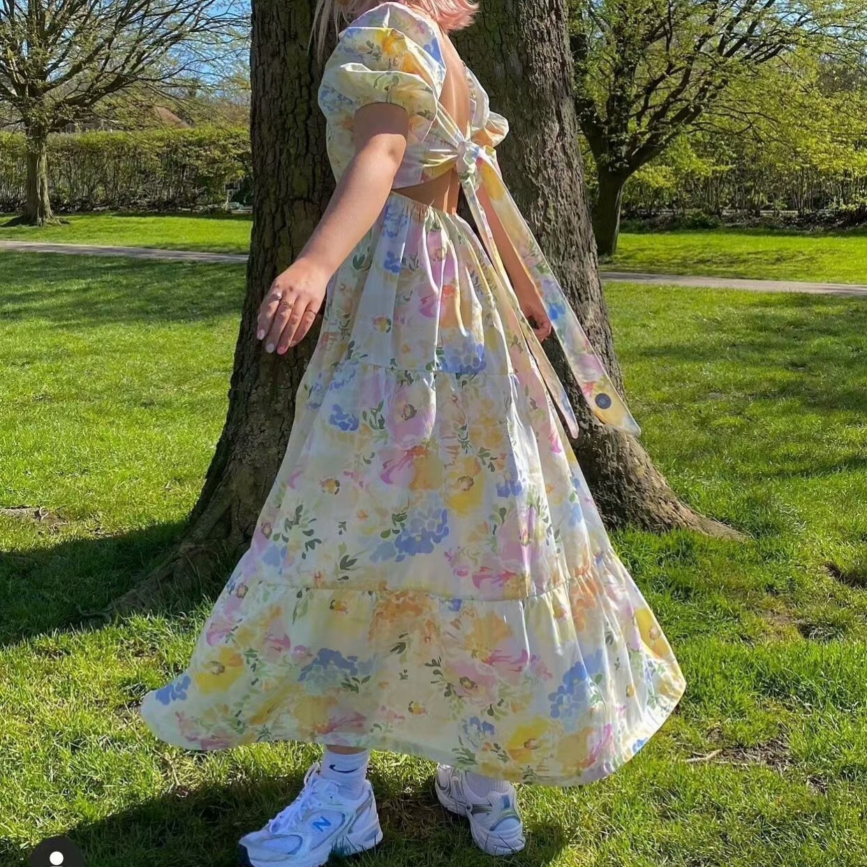 Women France Floral Print Holiday Dress Square Collar Back Tie Bow Backless Dresses Slim Midi Slit Dress 202107