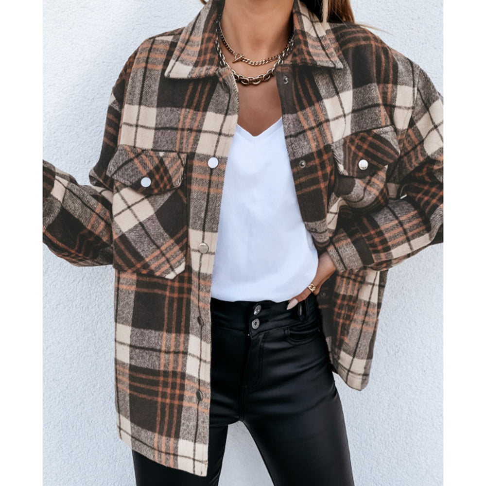 Women Vintage Warm Shirt Jacket Autumn Winter Plaid Long Shirt Jacekt Casual Loose Buttons Pockets Turn down Shirt Coat