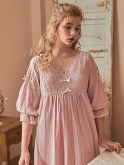 Lizakosht Vintage Cotton Women's Long Nightgowns Spring Summer Half Sleeve V- Neck Princess Holiday Elegant Night Dress Home Sleepwear