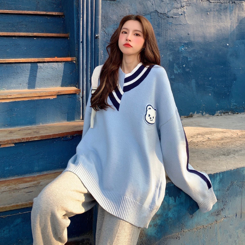 Sweaters Women Ulzzang Letter Chic Vintage V-neck Daily Oversize Girls Pullovers Student Fall Casual All-match Ins Women Sweater