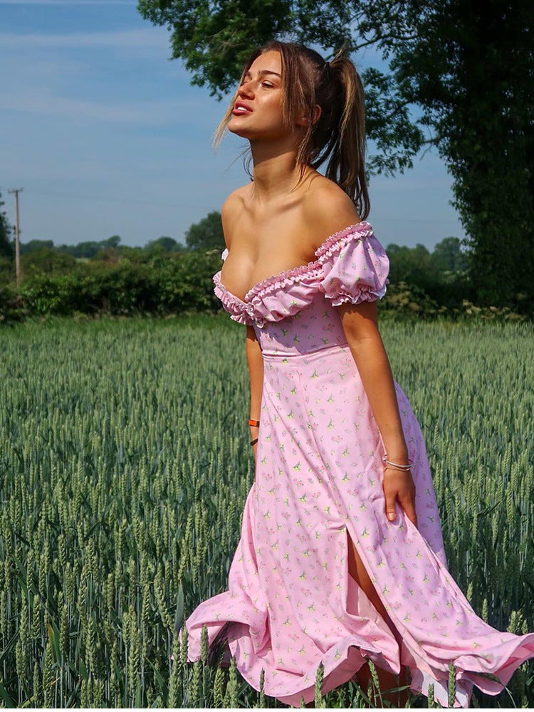 Strapless Side Split Corset Dress Beach Dress Summer Pink Floral Long Dress Women Sexy Off Shoulder Ruffles Party Dresses