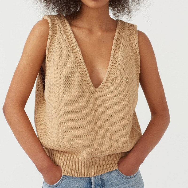 Autumn Knitted Sleeveless Women's Vest V-neck Solid White Female Vests New Fashion Casual Ladies Sweater Top