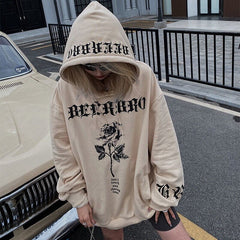 QWEEK Y2K Streetwear Beige Women Oversized Hooded Sweatshirt Harajuku Goth Print Hoodies Female E Girl Gothic Autumn 2021 Tops