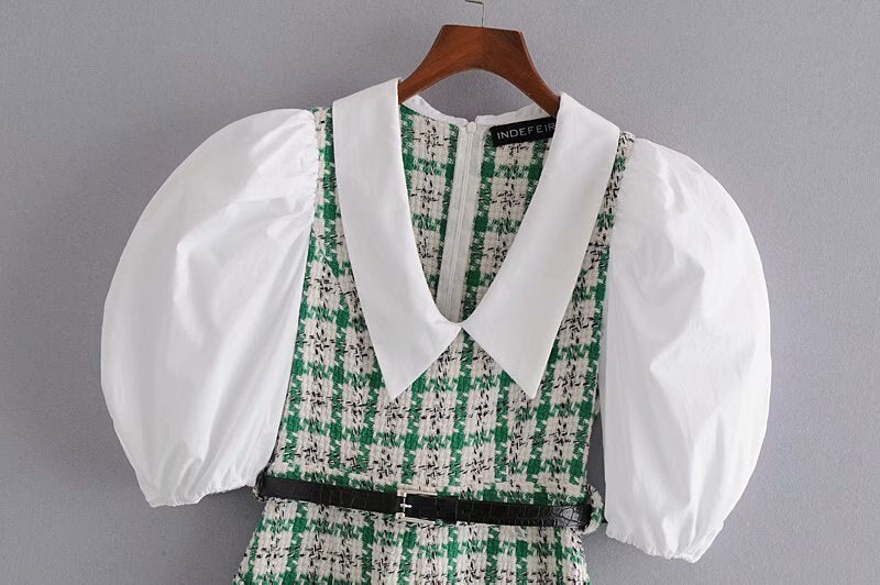 Elegant women tweed rompers 2022 fashion ladies green plaid rompers streetwear female sweet pocket playsuit girls chic romper