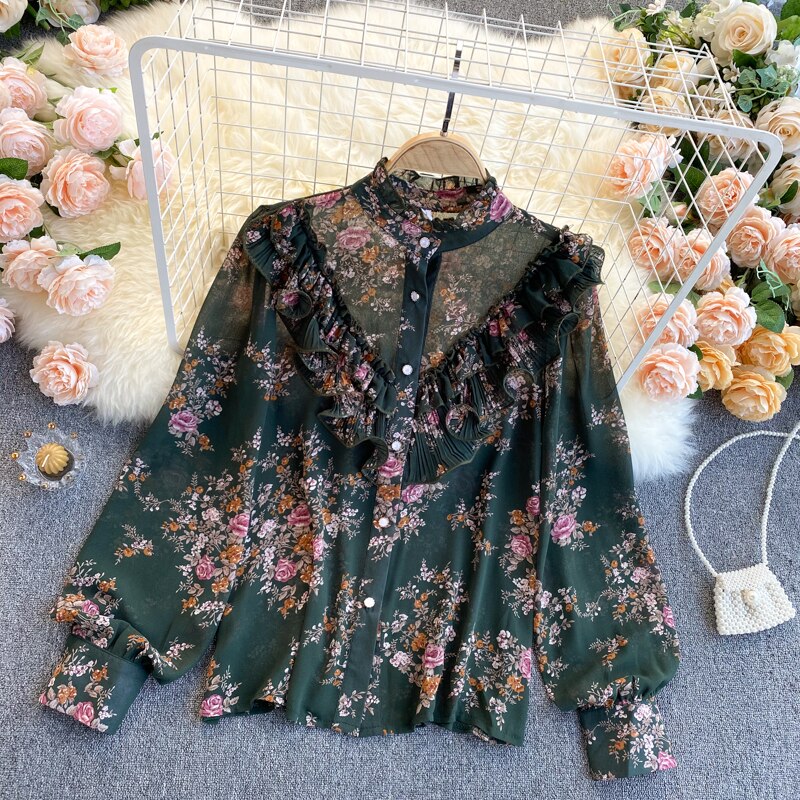 New Style Chiffon Puff Sleeve Shirt Women's Spring Clothes Female Sweet Fungus Blusa Pressed Floral Bluose C219