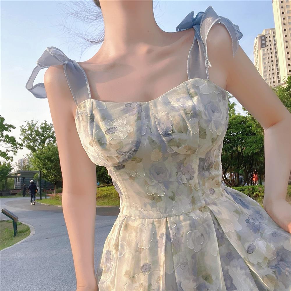 Elegant Long Flower Strap Dress Women Vintage Sweet Print Korean Slip Fairy Dress Casual Calssy Party Princess Dress Spring 2022