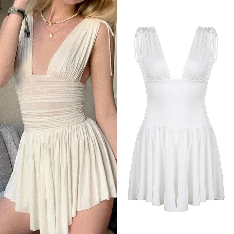 Party Night Clubwear Summer Dress Elegant Fashion Solid Pleated Deep V-Neck Sleeveless Mini Dresses For Women 2022 Lady