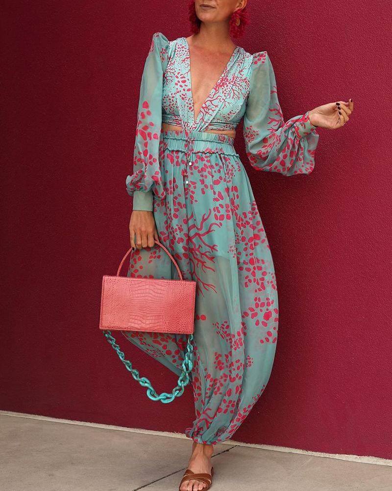 Sexy V-Neck Jumpsuit Summer Long Sleeve Loose  Playsuit Overalls Women Elegant Flower Print Pocket Rompers Wide Leg Pant