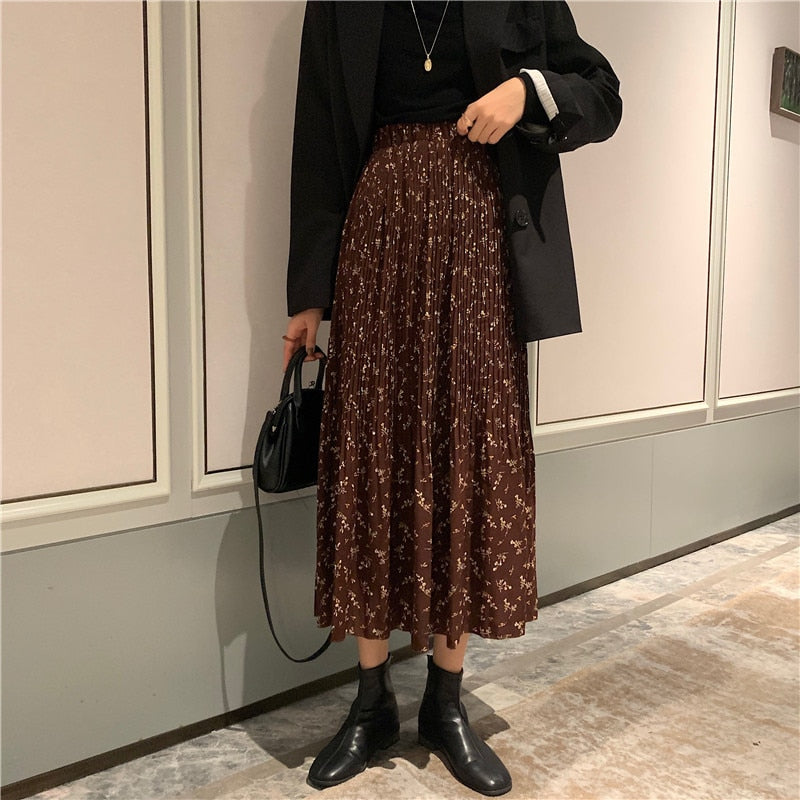 Vintage Floral Print A-line Pleated Long Skirts winter Women Korean Skirt Streetwear Drawstring Elastic Waist Midi Skirt lined