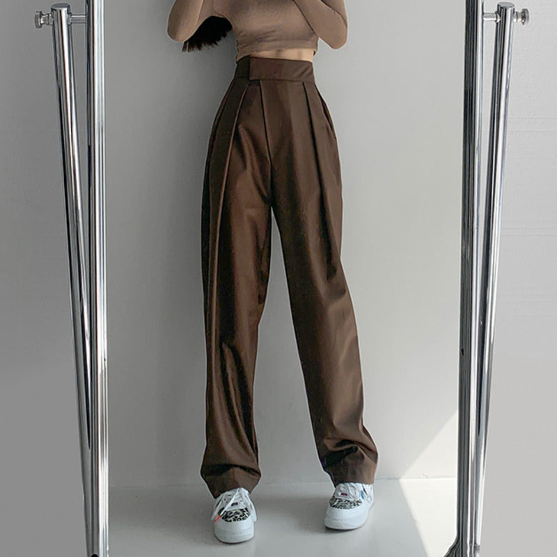 High Street Solid Color Pleated hook and loop fastener Suit Pants Autumn Korean Loose Casual Trousers Women Thin VEPH