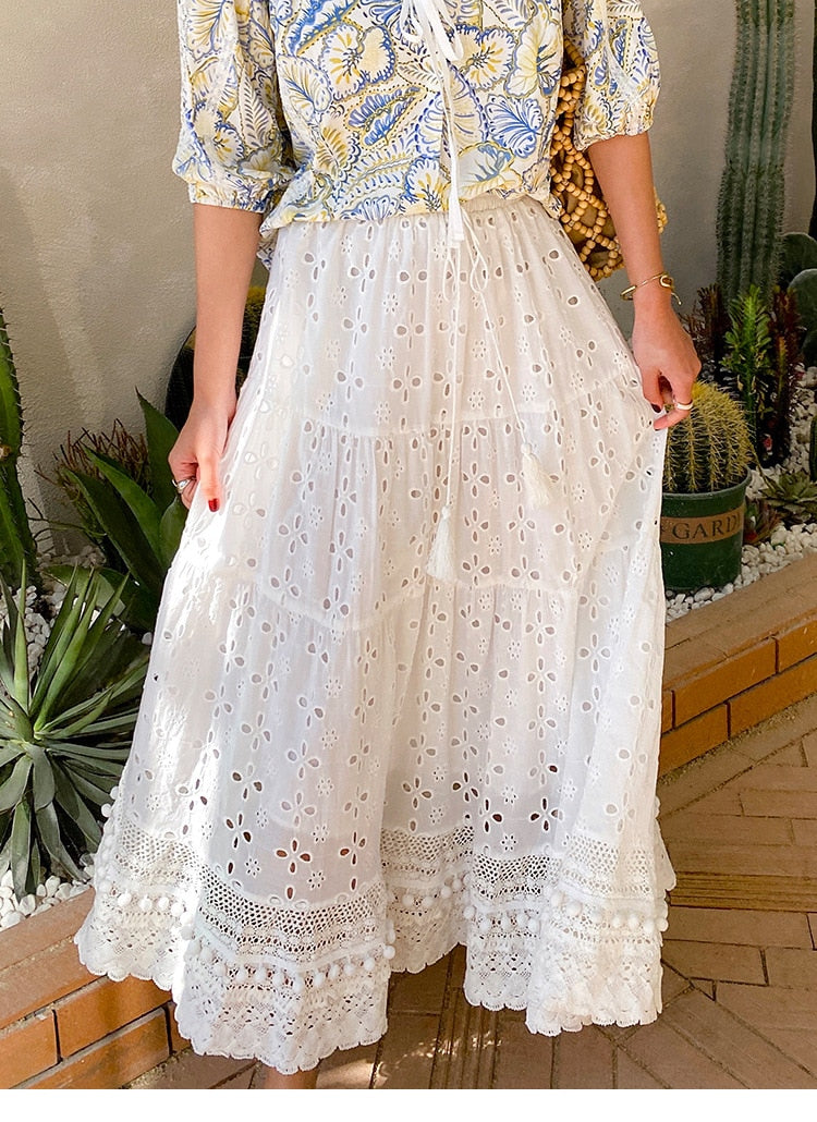 Lizakosht white eyelet skirts for women elastic waist tassel tied pom pom trims summer skirt long bohemian skirts womens