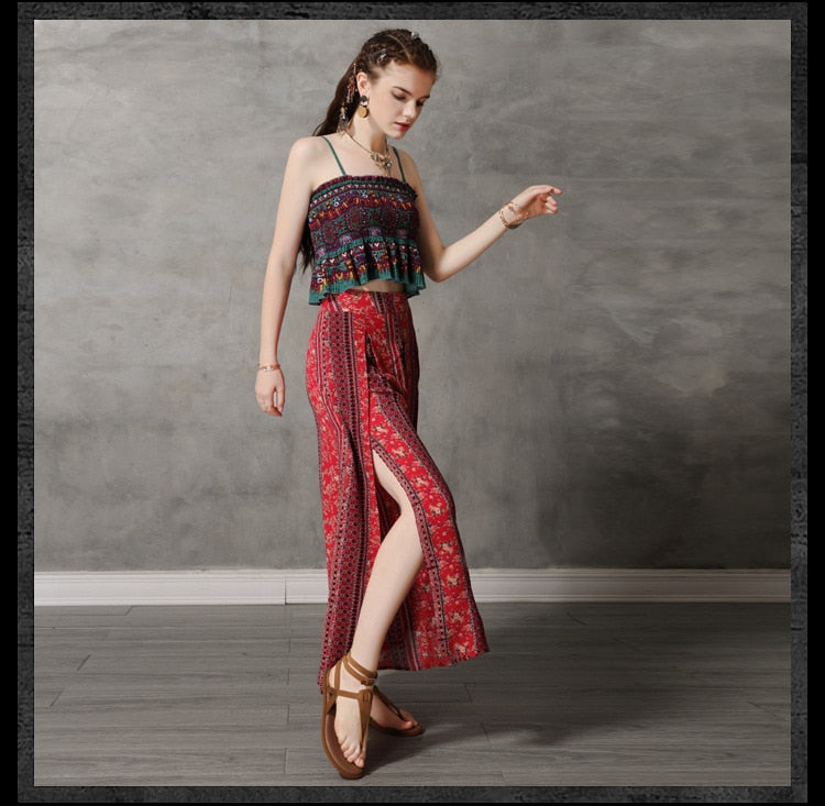 Summer Beach Fashion Bohemian Printed Wide Leg Pants Women Casual Cotton Linen Bottoms Thailand India Retro Split Loose Trousers