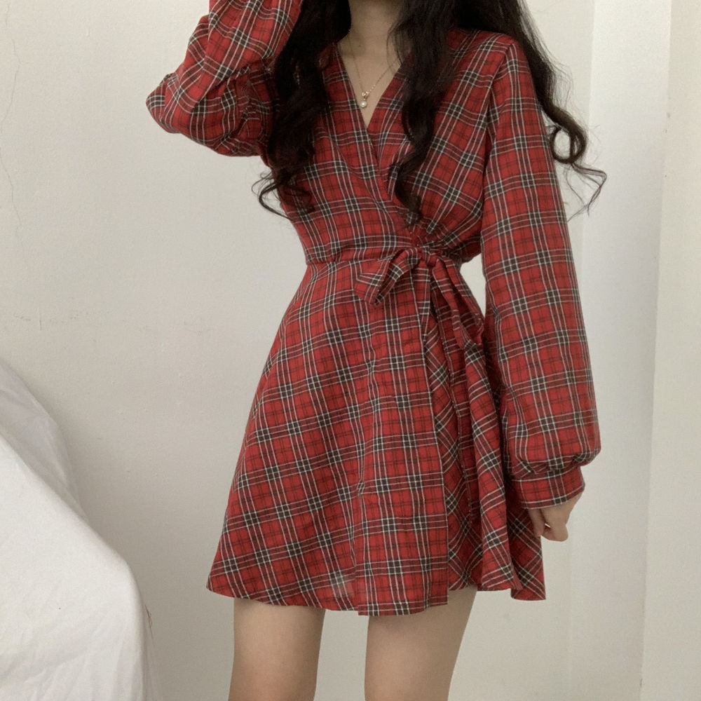 New Autumn Long Sleeve Dress Women Preppy Style Bow Palid V-neck Mini Plaid Dresses Korean High Waist Short Dress Elegant