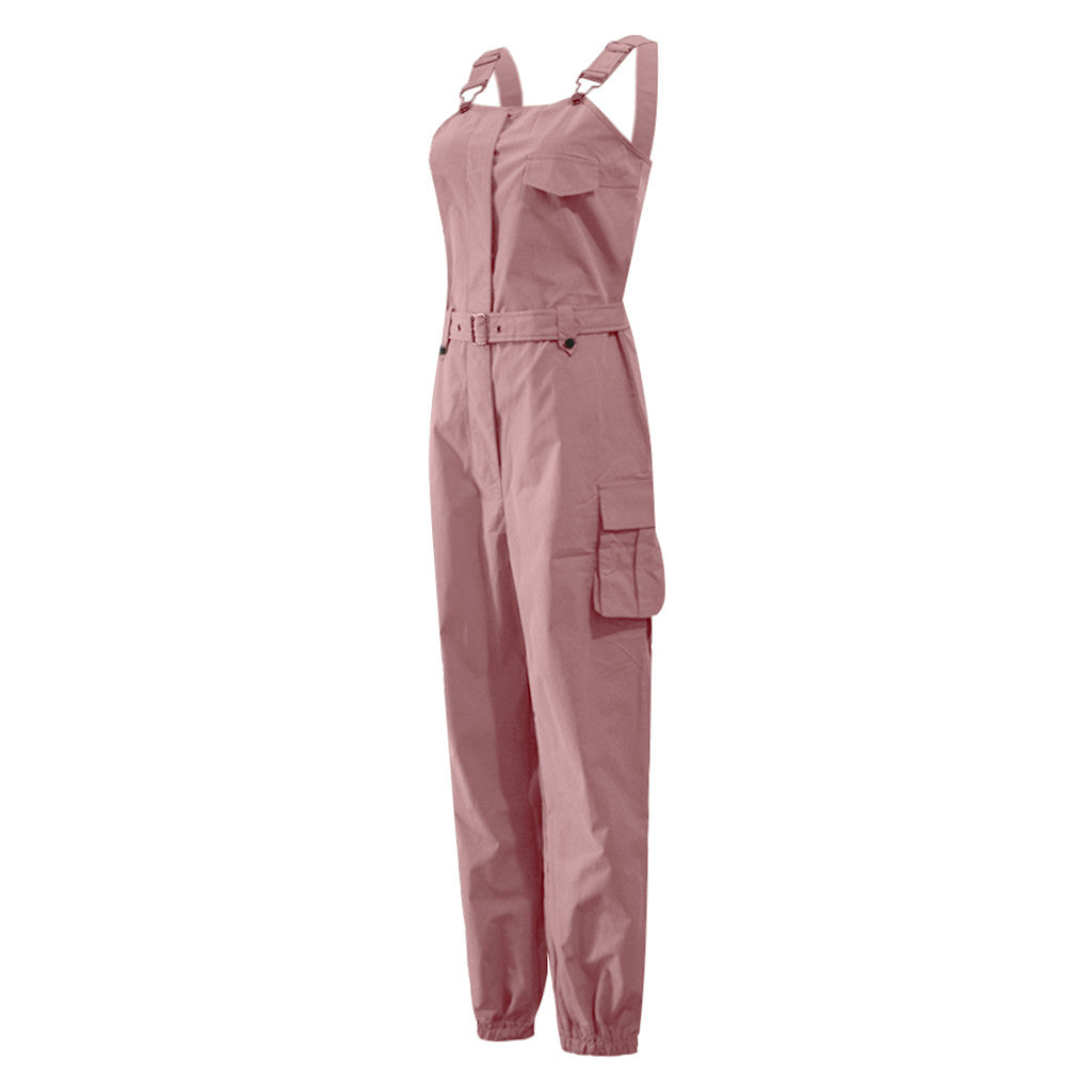 Jumpsuits Women Casual Cargo Playsuit Sleeveless O Neck Jumpsuit With Pocket and Belt Elegant Pencil Pants Loose Overalls