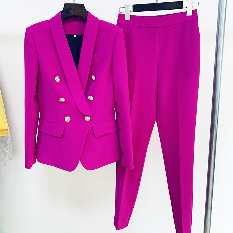 Office Ladies women's pantsuit Red Pink Business Classic Double-breasted Buttons Nine Blazer Pants Set Two Piece Formal Suits
