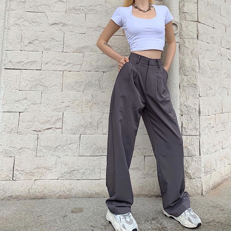 Brand New Women High Waist Suit Pants Solid Color Straight Long Trousers Women High Waisted Pants Casual Women Clothes