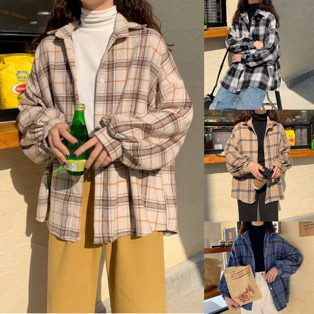 Women Vintage Warm Shirt Jacket Autumn Winter Plaid Long Shirt Jacekt Casual Loose Buttons Pockets Turn down Shirt Coat