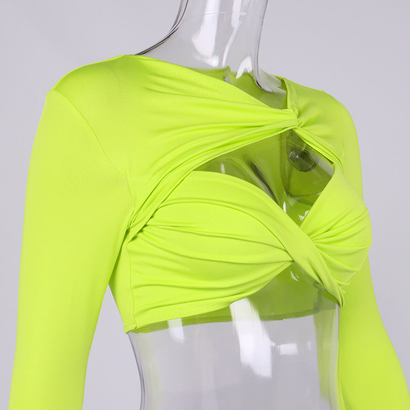 Fall Fashion Tops Women 2022  Long Sleeve Bodycon Top Green Cut Out Sexy Crop Top Blouses Slim Fit for Party Club