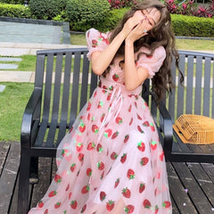 Sweet Elegant Strawberry Dress Women Summer 2022 Pink Beach Boho Party Midi Dress Ruffle Kawaii Korean Casual Vacation Clothing