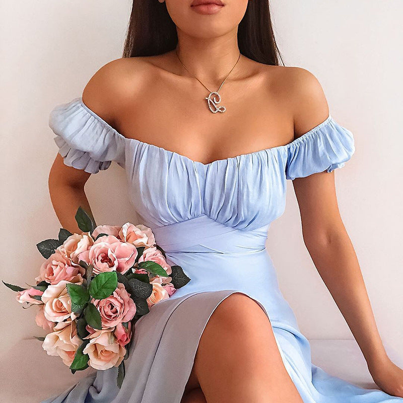 Lizakosht  2021 Summer's New Solid-colored Simple One-word Shoulder-length Skirt Summer Slash Neck  Puff Sleeve  Dresses for Women