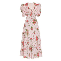 Lizakosht Pink Floral Dress Summer New French Bellflower Puff Sleeve Polyester Chiffon Ankle Print Long Dress Woman