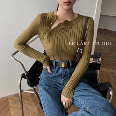 Autumn Elegant Women's Diagonal-Breasted Pullover Sweater Slim Long-Sleeved Knitted Top Ladies Bottoming Shirt