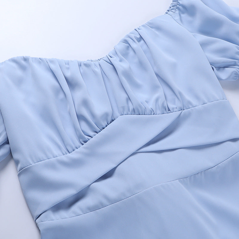 Lizakosht  2021 Summer's New Solid-colored Simple One-word Shoulder-length Skirt Summer Slash Neck  Puff Sleeve  Dresses for Women