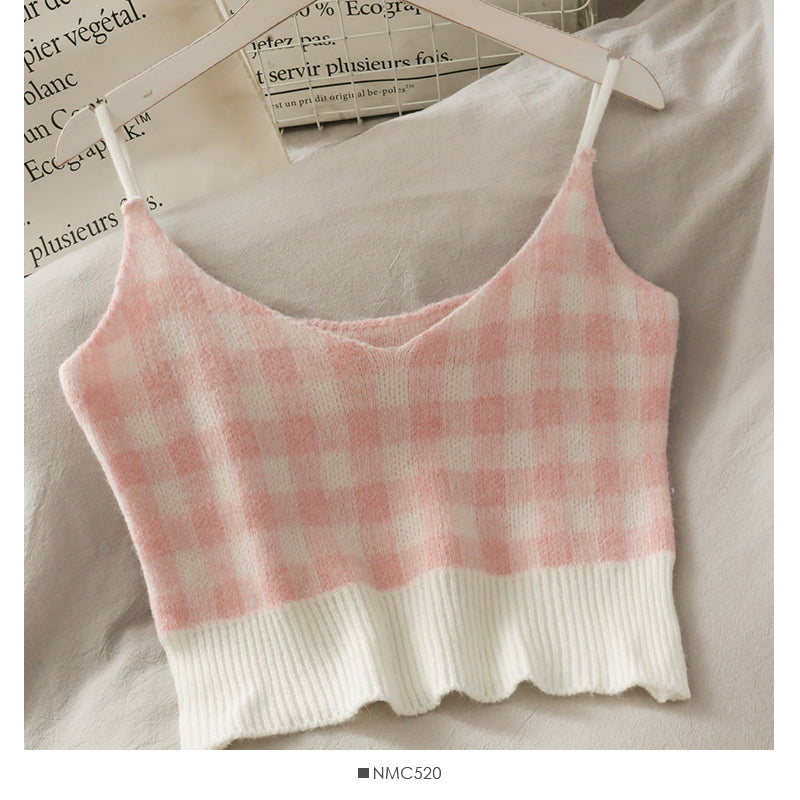 Sweet Plaid Three-Piece Women's New O Neck Single-Breasted Long-Sleeved Loose Sweater with Short Strap two piece set skirt