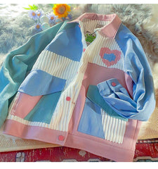 WOMEN New Vintage Color Block Patchwork Corduroy Towel Embroidery Heart Jacket Kawaii Coat Lapel Hip Hop Outwear Unisex