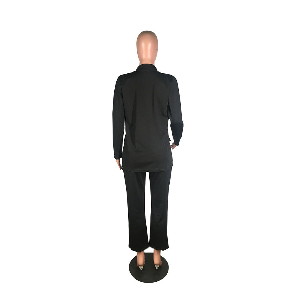 Classic Office Blazer Suit Two Piece Set 2021 Women Casual Commute Cropped Pants Suits Solid Color Mid Length Blazer with Pocket