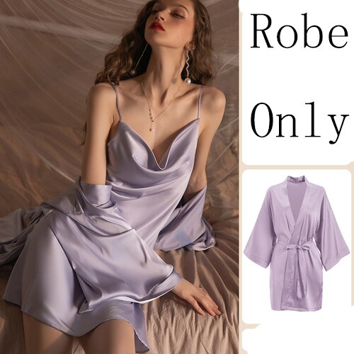 Lizakosht Luxury Sexy Women Silk Kimono Bathrobe Purple Bride Bridesmaid Wedding Robe Set Lace Sleepwear Casual Home Clothes Nightwear