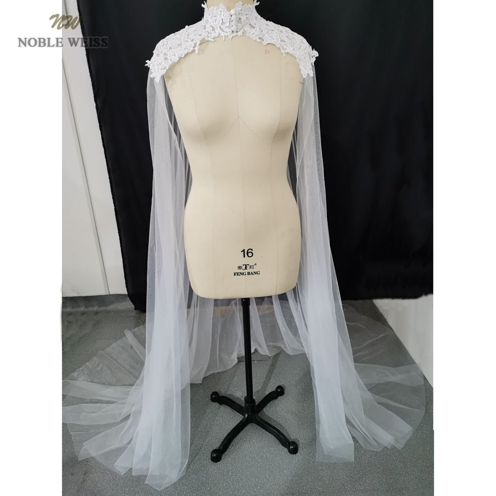Appliques Tulle Wedding Bridal Cape High Neck Long Cloak Cathedral Length Wedding Lace Long Bridal Accessories