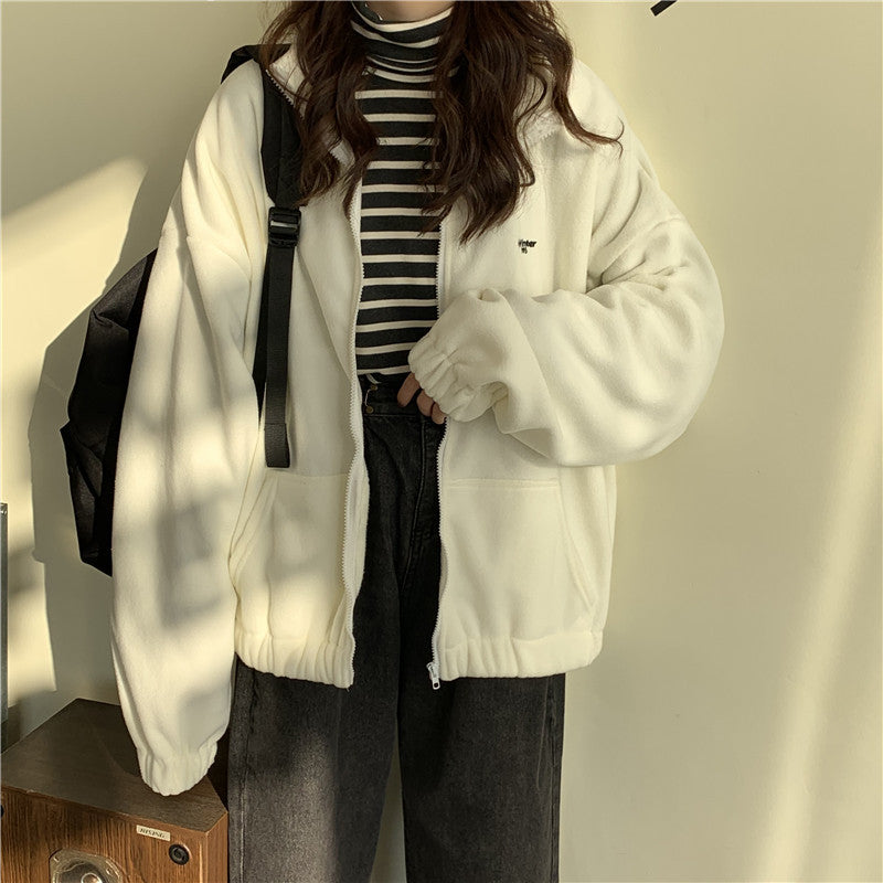 Loose Women Hoodies Korean Style Hoodie Sweatshirt Rocker Fleece Casual Rabbit Fur Zip Up Long Sleeve Kawaii Clothing Aesthetic