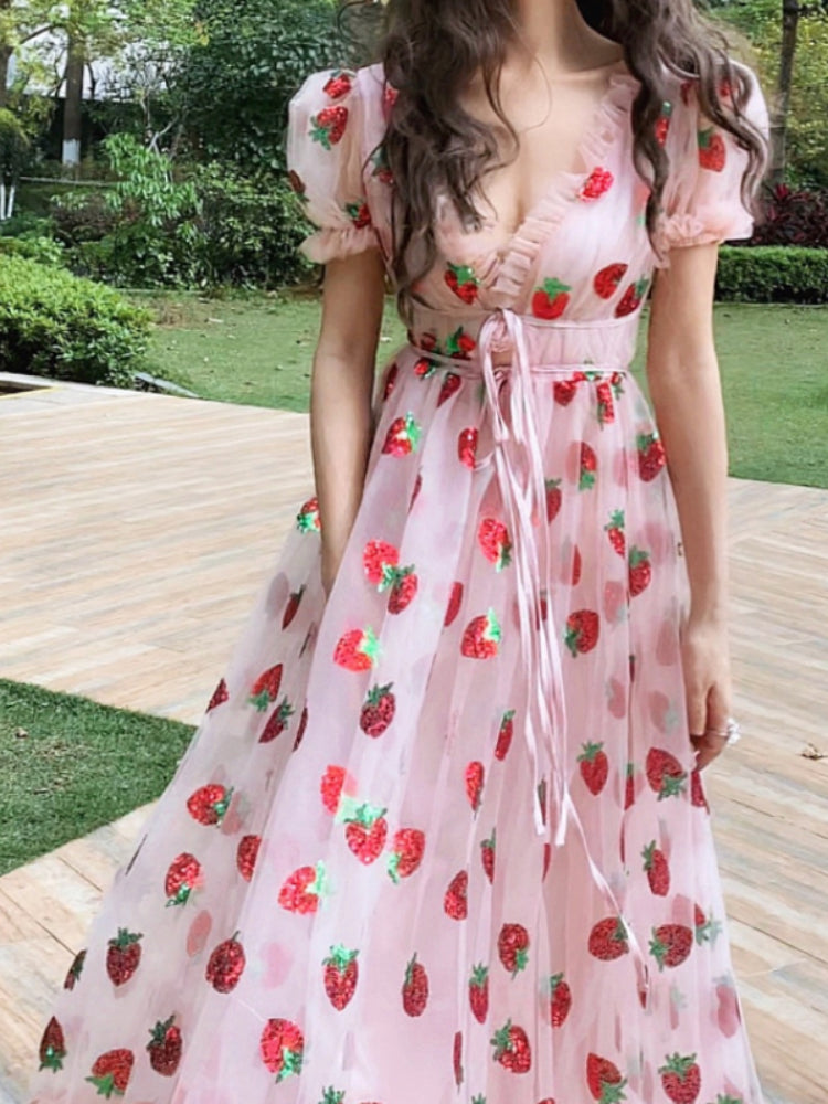 Sweet Elegant Strawberry Dress Women Summer 2022 Pink Beach Boho Party Midi Dress Ruffle Kawaii Korean Casual Vacation Clothing