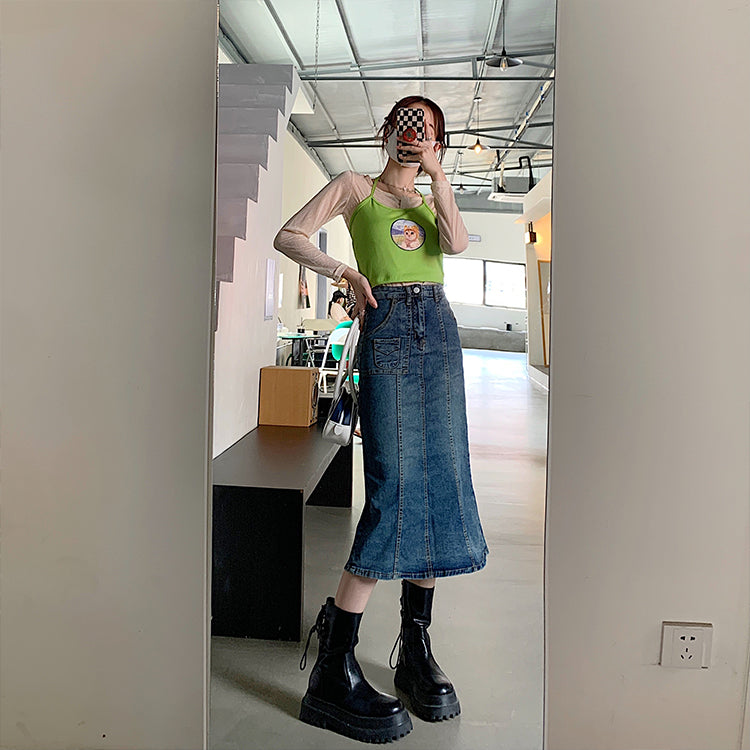 Lizakosht  Vintage Washed Jean Skirts Women High Waist Stretch Slit Ruffle Trumpet Female 2022 New Sexy Fitness Tight Skirt