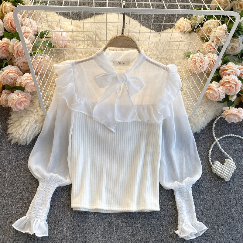 Spring Autumn New Temperament Fashion Blouse Women Sweet Fungus Chiffon Lantern Sleeve Stitching Slim Short Shirt UK977