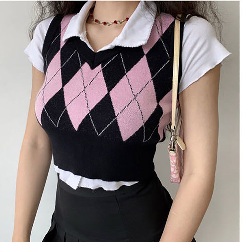 Lizakosht Vintage Argyle Plaid Sweater Vest Women V-Neck Female Sleeveless Tank Jumper Ladies Short Spring Knitting Pullovers Tops