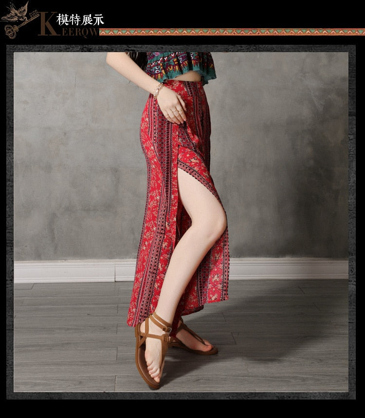 Summer Beach Fashion Bohemian Printed Wide Leg Pants Women Casual Cotton Linen Bottoms Thailand India Retro Split Loose Trousers