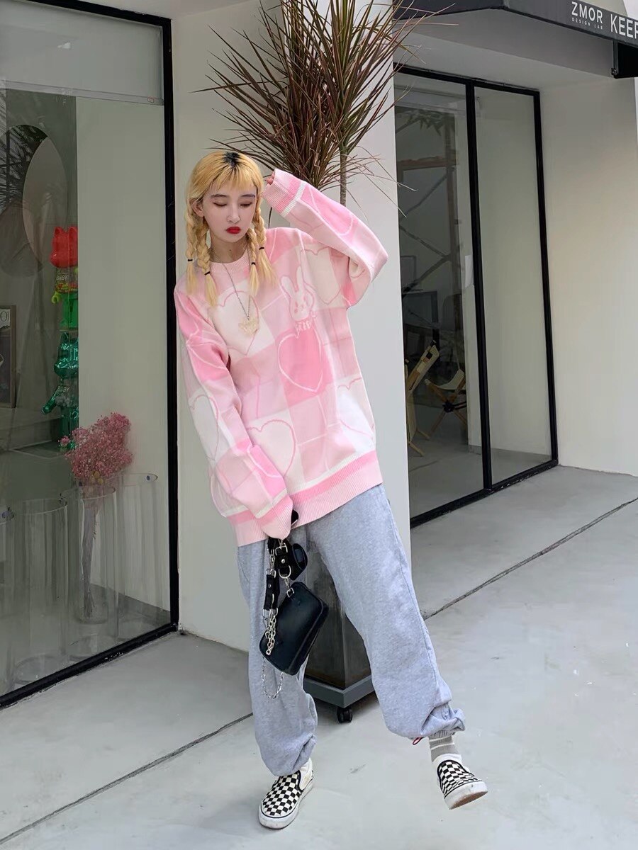 Warm Y2K fall/winter pullover sweater new pink cute loose wild pullover round neck pink sweater